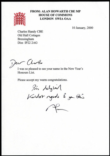 Letter to Charles Handy from Alan Howarth