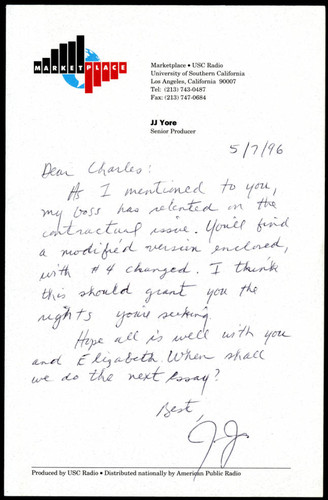 Letter from JJ Yore to Charles Handy on contract