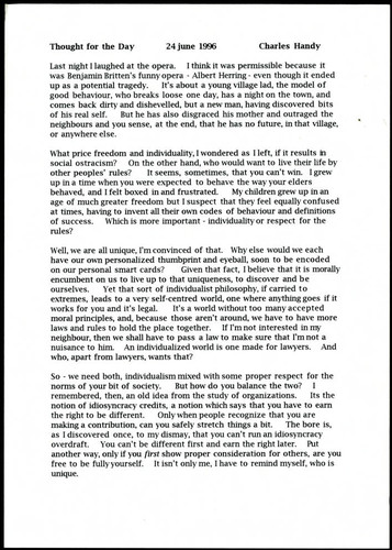 Charles Handy thought for the day on individuality