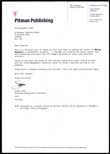 Letter of correspondence from Simon Lake to Charles Handy