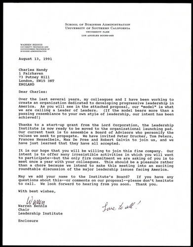 Correspondence to Charles Handy from Warren Bennis regarding Board