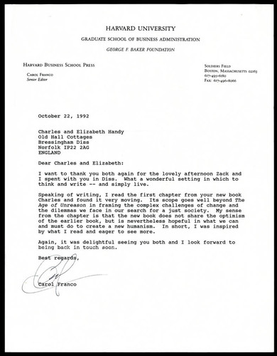 Letter of correspondence from Carol Franco to the Handys