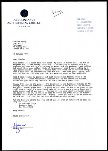 Correspondence from Yvonne Earl to Charles Handy