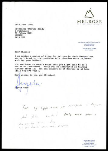 Letter from Angela Cole to Charles Handy