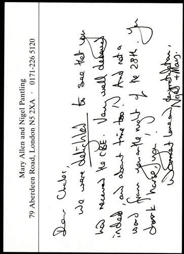 Card letter to Charles Handy from Mary Allen and Nigel Pantling