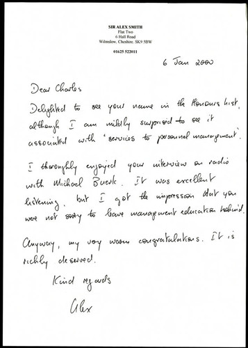 Letter from Sir Alex Smith to Charles Handy