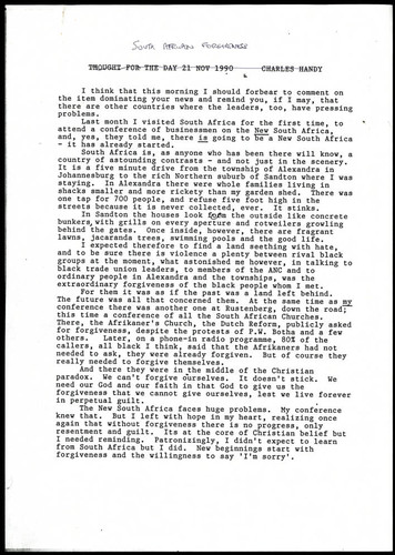 Charles Handy thought for the day on South Africa and forgiveness