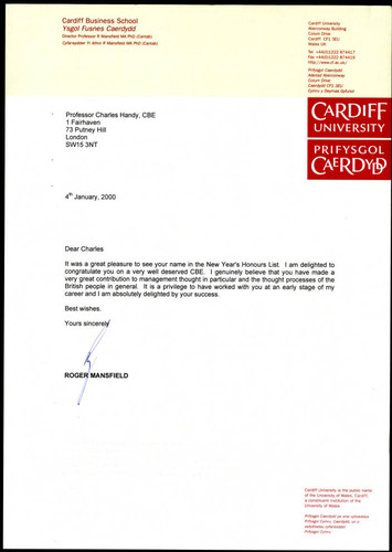 Letter to Charles Handy from Roger Mansfield