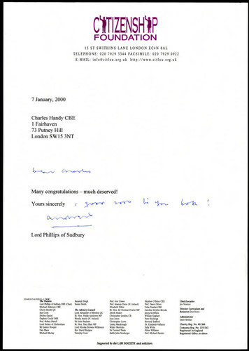 Letter of correspondence from Lord Phillips of Sudbury to Charles Handy