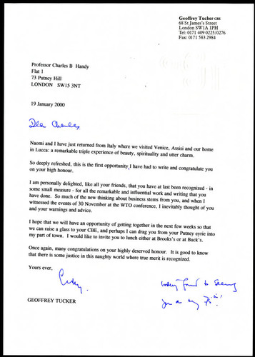 Letter to Charles Handy from Geoffrey Tucker