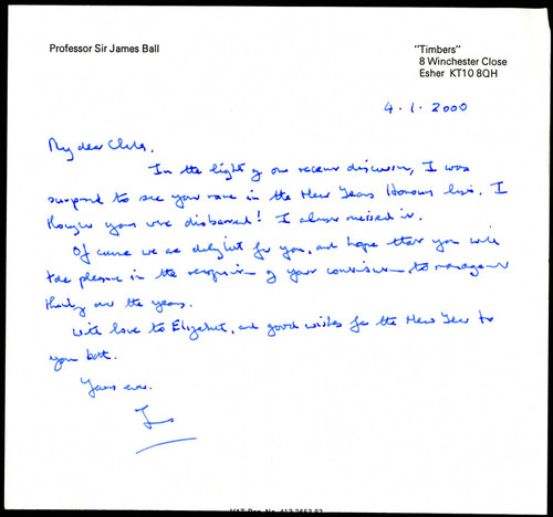 Letter from Professor Sir James Ball to Charles Handy