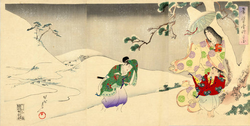 Depiction of Lady Tokiwa and children walking in the snow