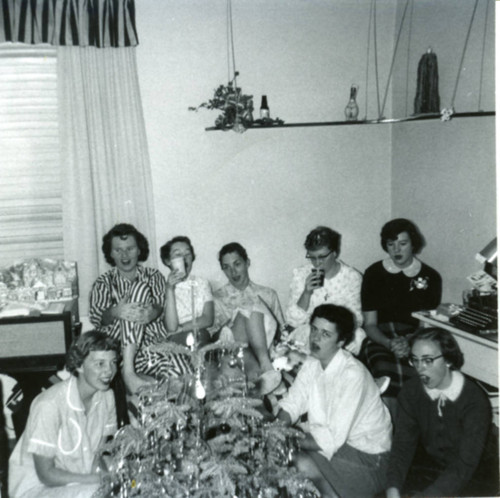 Eight women, women's dormitory room, Pomona College
