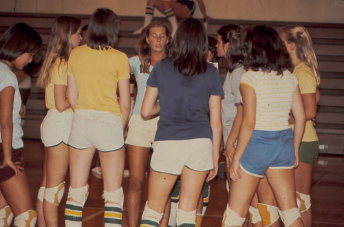 Huddle during volleyball game, Scripps College