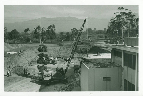 Jacobs Science Center with wrecking ball, Harvey Mudd College