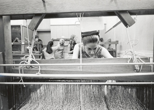 Student with loom, Scripps College