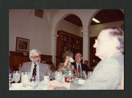 Dinner party during Denison Library's presentation of Dorothy Drake's portrait, Scripps College