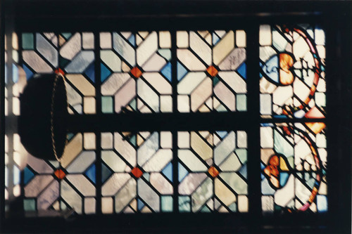 Stained glass in Rare Book Room of Denison Library, Scripps College