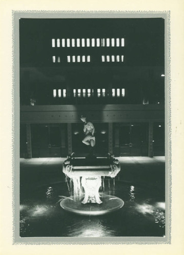 Venus fountain and Sprague Library at night, Harvey Mudd College