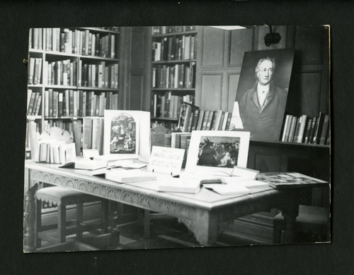 Exhibition amongst the bookcases of Denison Library, Scripps College