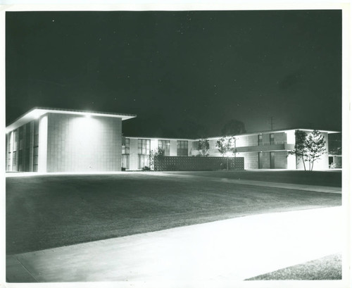 North Hall at night, Harvey Mudd College