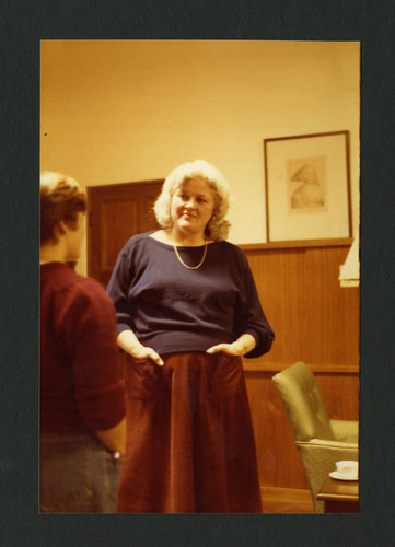 Judy Harvey Sahak in Denison Library, Scripps College