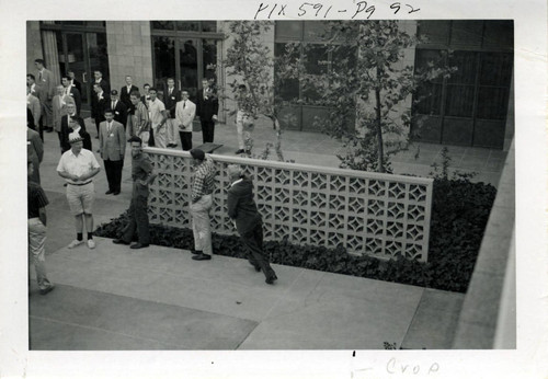 Gathering outside dorm, Harvey Mudd College