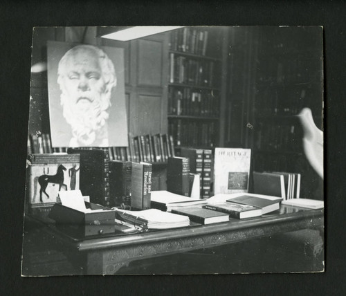 Close up view of one of the exhibit tables in Denison Library, Scripps College