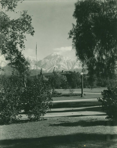 San Gabriel Mountains behind Smiley Hall Dormitory, Pomona College