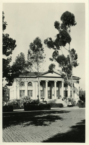 Carnegie Hall Library with plowed field, Pomona College