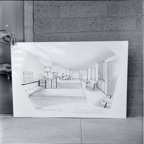 Dorm room interior drawing, Harvey Mudd College