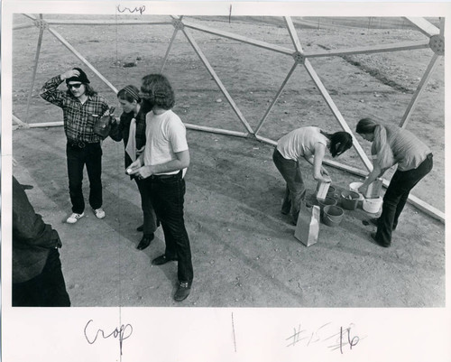 Students in the geodesic dome, Pitzer College