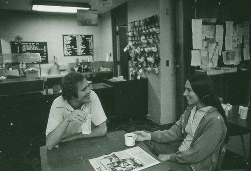 Students talking in McManus Lounge