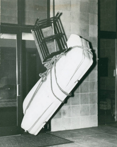 Mattress hanging from rope, Harvey Mudd College