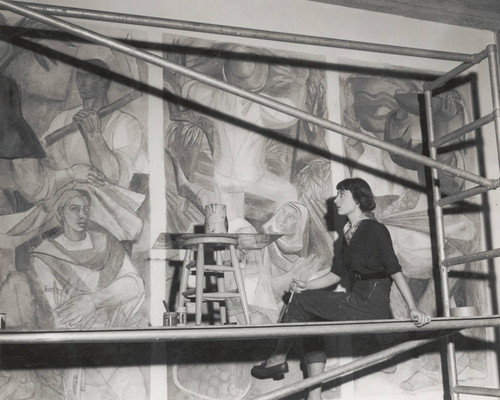 Student with mural, Scripps College