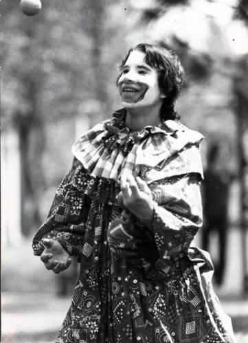 Student in harlequin costume, Pitzer College