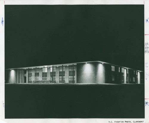 Mildred E. Mudd Hall at night, Harvey Mudd College