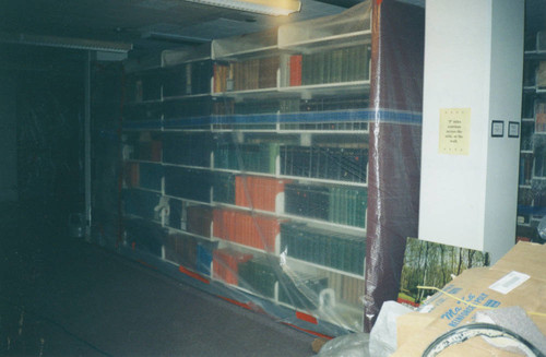 Books wrapped in plastic during Honnold/Mudd renovation