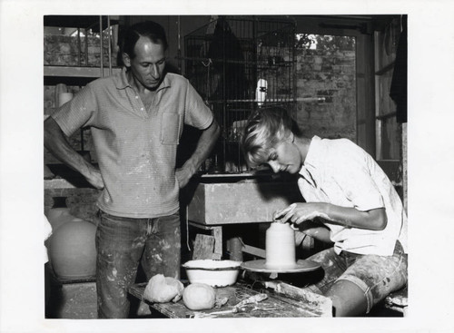 Paul Soldner and Gail Wagenseil with ceramics, Scripps College