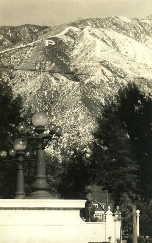 Carnegie Hall with snow-covered mountain, Pomona College