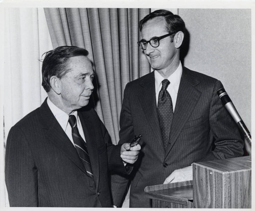 Carl Albert standing next to an individual, Claremont McKenna College