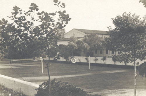 Archery target and volleyball net, Scripps College