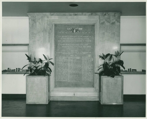 Plaque in Memorial Gym, Pomona College