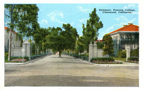 Pomona College Entrance, postcard, Pomona College