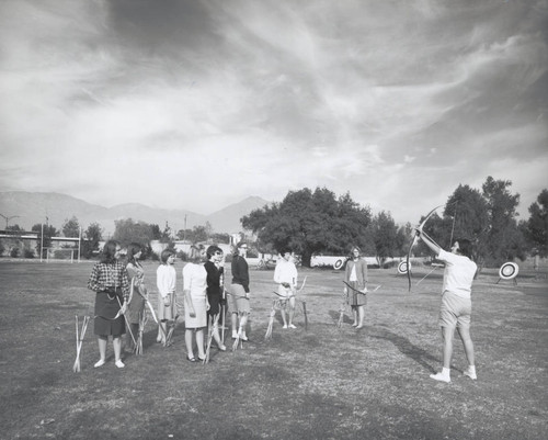 Students in archery class, Scripps College