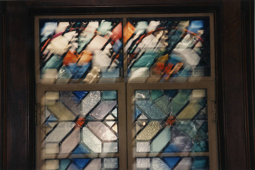 Stained glass in Rare Book Room of Denison Library, Scripps College