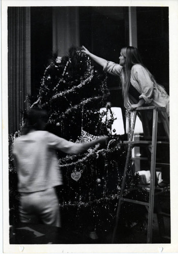 Students decorate a Christmas tree, Pitzer College