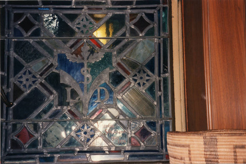 Stained glass in Rare Book Room of Denison Library, Scripps College