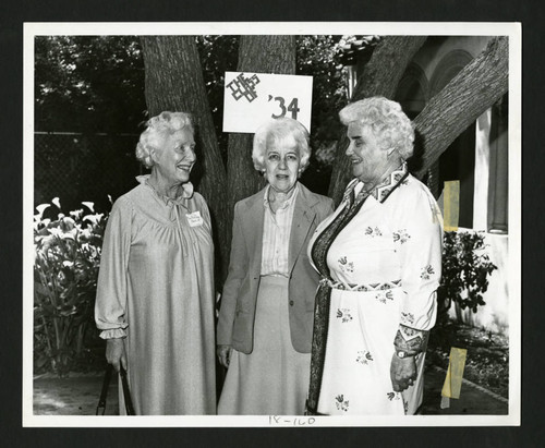 Three Scripps alumnae standing by a class of '34 sign, Scripps College