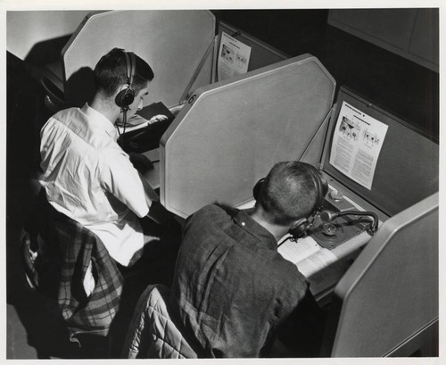 Two students wearing earphones, Claremont McKenna College